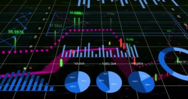 Finansal ve istatistiksel veri işleme animasyonları dünya haritası üzerinden siyah arkaplana karşı. Küresel finans ve iş veri teknolojisi kavramı