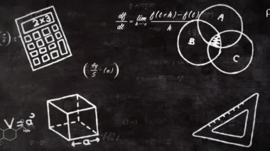 Matematiksel denklemler üzerinde okul eşyalarının çizimlerinin animasyonu. Küresel eğitim ve dijital arayüz kavramı dijital olarak oluşturulmuş video.