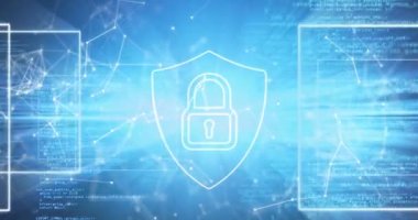 Mavi arkaplanda güvenlik asma kilit simgesi, bağlantı ağı ve dijital simgelerin animasyonu. Siber güvenlik ve iş teknolojisi kavramı