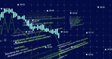 Soyut arkaplanda bilgisayar dili üzerinde değişen sayılarla birden fazla grafiğin animasyonu. Dijital olarak üretilmiş, hologram, illüstrasyon, rapor, iş dünyası, büyüme, kodlama ve teknoloji kavramı.