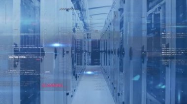 Sunucu odasındaki veri işleme ve hareket sütunlarının animasyonu. küresel teknoloji, bilgisayar ve dijital arayüz kavramı dijital olarak oluşturulmuş video.