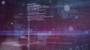 İkili kodlama üzerine finansal veri işleme animasyonu. Küresel iş, finans, hesaplama ve veri işleme kavramı dijital olarak oluşturulmuş video.