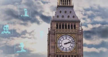 Gökyüzündeki bulutlara karşı Büyük Ben Kulesi 'nin görüntüsü üzerinde birden fazla profil simgelerinin animasyonu. Küresel ağ ve iş teknolojisi kavramı