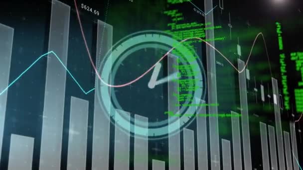 Animação Neon Ticking Relógio Ícone Processamento Dados Estatísticos Contra Fundo — Vídeo de Stock