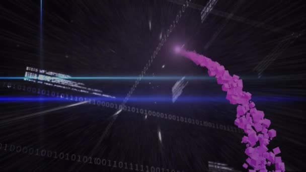 Animación Estrella Fugaz Púrpura Sobre Procesamiento Datos Rastros Luz Azul — Vídeos de Stock