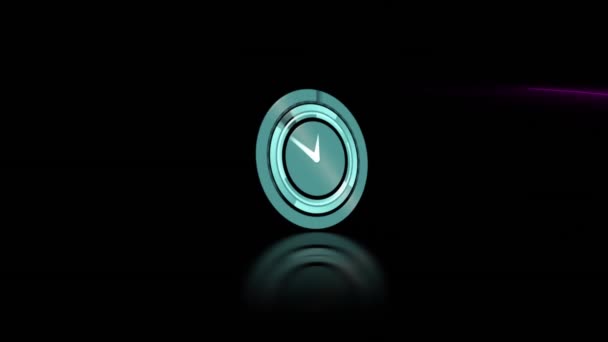 ネオン時計のアイコンと黒の背景に紫色の光の道のアニメーション コンピュータ インターフェースとビジネス技術の概念 — ストック動画