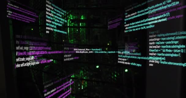 サーバールームの照明サーバーラック上の多色コンピュータ言語のアニメーション デジタル複合材 複数の露光 コーディング 機械学習 ネットワーク テクノロジー ネットワークサーバー — ストック動画