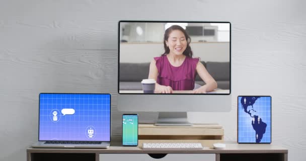 Asian Businesswoman Video Call Electronic Devices Data Processing Screens Business — Stock Video