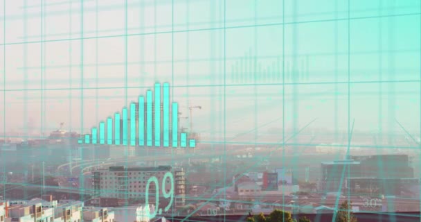 城市景观下的金融数据处理动画 全球商业 计算和数据处理概念数字生成的视频 — 图库视频影像