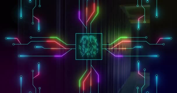 Beynin Etrafındaki Işıklandırılmış Devre Kartı Kalıbının Sunucu Odasında Kare Şeklinde — Stok video