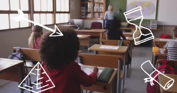 교실에서 교사들 학생들을 가르치는 모습을 배경으로 성화들 애니메이션화 디지털 유년기 — 비디오
