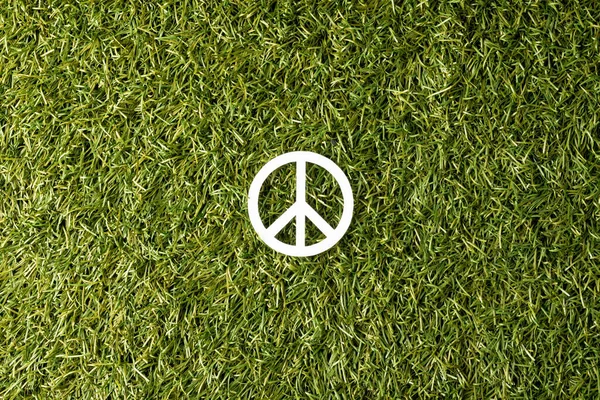 High angle view of white peace sign with copy space on grass background. Peace and anti war movement concept.