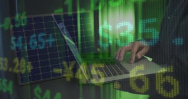 Sunucu odasındaki dizüstü bilgisayarla erkek mühendisin orta bölümündeki finansal veri işleme animasyonu. Küresel ekonomi ve iş veri depolama teknolojisi kavramı