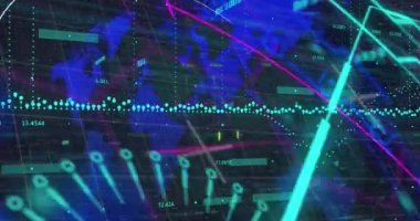 Mavi arka planla dünya haritasında finansal veri işleme animasyonu. Küresel finans ve iş veri teknolojisi kavramı