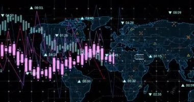 Siyah arkaplana karşı harita üzerinde değişen sayılarla birden fazla grafiğin animasyonu. Dijital olarak üretilmiş, hologram, illüstrasyon, küresel, rapor, iş dünyası, büyüme ve soyut kavram.