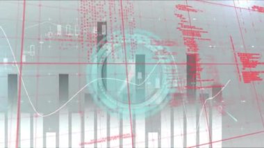 Bilgisayar dilinin üzerinde dijital saatin canlandırılması soyut arkaplandaki birden fazla grafiğe karşı. Dijital olarak üretilmiş, hologram, zaman, rapor, iş, kodlama ve teknoloji kavramı.