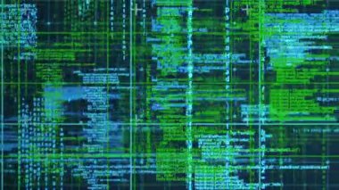 Animation of data processing over grid network against blue background. Computer interface and business technology concept