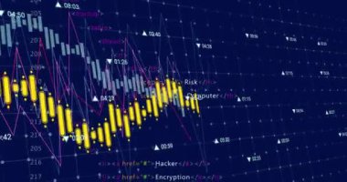 Soyut arkaplan karşısında bilgisayar dilinin üzerinde numaralar bulunan birden fazla grafiğin animasyonu. Dijital olarak üretilmiş, hologram, illüstrasyon, rapor, iş dünyası, büyüme, kodlama ve teknoloji kavramı.