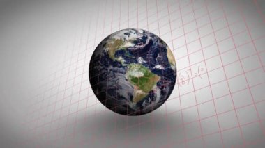 Gri arkaplanda dönen küreye karşı ızgara ağı üzerinden matematiksel denklemlerin animasyonu. Küresel ağ ve iş teknolojisi kavramı