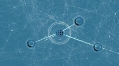 Mavi arkaplan karşısında bağlantı ağının ve dijital simgelerin animasyonu. Küresel ağ ve iş teknolojisi kavramı