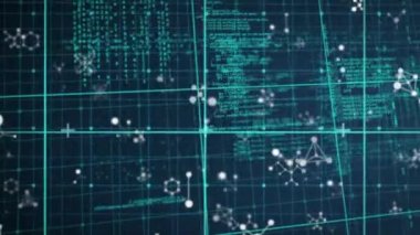 Mavi arkaplan üzerinde moleküler yapıların ve veri işleme ağının animasyonu. Bilgisayar arayüzü ve iş teknolojisi kavramı