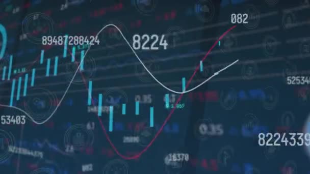 青の背景に数字 デジタルアイコン 株式市場のデータ処理を変更するアニメーション 世界経済とビジネス界面技術の概念 — ストック動画