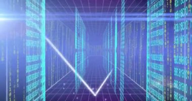 Bilgisayar sunucuları üzerinden veri işleme ve bağlantıların animasyonu. Küresel bağlantılar, dijital arayüz, veri işleme ve hesaplama kavramı dijital olarak oluşturulmuş video.