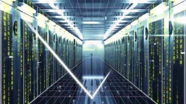 Bilgisayar sunucuları üzerinden veri işleme ve bağlantıların animasyonu. Küresel bağlar, dijital arayüz, veri işleme ve hesaplama kavramı dijital olarak oluşturulmuş video.