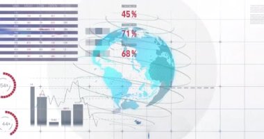 Finansal veri işleme ve dünya üzerindeki istatistiklerin animasyonu. Küresel iş, finans, hesaplama ve veri işleme kavramı dijital olarak oluşturulmuş video.
