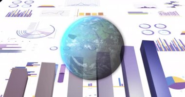 Finansal veri işleme ve dünya üzerindeki istatistiklerin animasyonu. Küresel iş, finans, hesaplama ve veri işleme kavramı dijital olarak oluşturulmuş video.