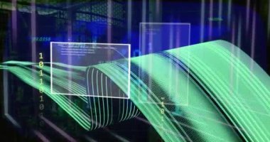 Bağlantı ağı üzerinden ikili kodlama ve veri işleme animasyonu. Küresel bağlantılar, dijital arayüz, veri işleme ve bulut hesaplama kavramı dijital olarak oluşturulmuş video.