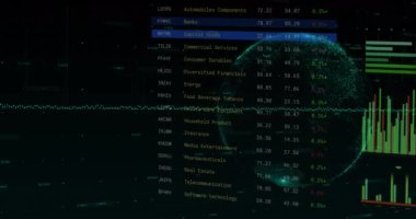 Animation of financial data processing over globe. Global business, finances, computing and data processing concept digitally generated video.