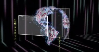 Tüm dünyada ikili kodlama ve veri işleme animasyonları. Küresel bağlantılar, dijital arayüz, veri işleme ve bulut hesaplama kavramı dijital olarak oluşturulmuş video.