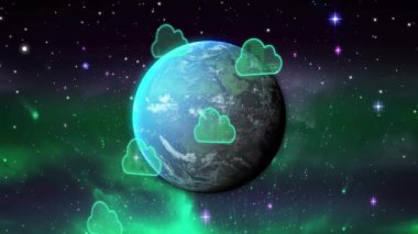 Dünyanın her yerinde bulut simgeleri ve veri işleme animasyonları. Küresel bağlantılar, dijital arayüz, veri işleme ve bulut hesaplama kavramı dijital olarak oluşturulmuş video.