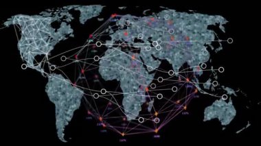 Dünya haritası üzerinde bağlantılar ve veri işleme ağının animasyonu. Küresel bağlantılar, dijital arayüz, veri işleme ve bulut hesaplama kavramı dijital olarak oluşturulmuş video.