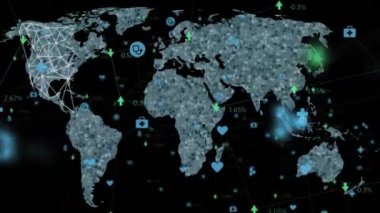 Dünya haritası üzerinde simge ve veri işleme ağının animasyonu. Küresel bağlantılar, dijital arayüz, veri işleme ve bulut hesaplama kavramı dijital olarak oluşturulmuş video.
