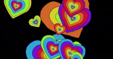 Siyah arka planda gökkuşağı kalplerinin animasyonu. Gurur ayı, lgbtq, insan hakları ve eşitlik kavramı dijital olarak oluşturulmuş video.