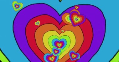 Gökkuşağı arka planında gökkuşağı kalplerinin animasyonu. Gurur ayı, lgbtq, insan hakları ve eşitlik kavramı dijital olarak oluşturulmuş video.