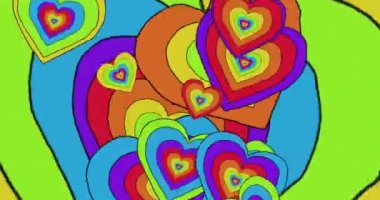 Gökkuşağı arka planında gökkuşağı kalplerinin animasyonu. Gurur ayı, lgbtq, insan hakları ve eşitlik kavramı dijital olarak oluşturulmuş video.
