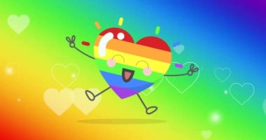 Gökkuşağı arka planında gülümseyen gökkuşağı kalbinin animasyonu. Gurur ayı, lgbtq, insan hakları ve eşitlik kavramı dijital olarak oluşturulmuş video.