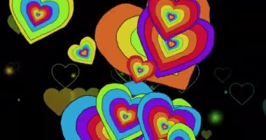 Siyah arka planda gökkuşağı kalplerinin animasyonu. Gurur ayı, lgbtq, insan hakları ve eşitlik kavramı dijital olarak oluşturulmuş video.