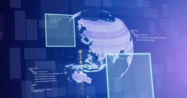 Dijital ekranlar üzerinden küresel ve veri işleme animasyonu. Küresel bağlantılar, dijital arayüz, veri işleme ve hesaplama kavramı dijital olarak oluşturulmuş video.