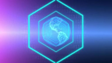 Dünya üzerinde neon altıgenlerin ve veri işlemenin animasyonu. Küresel bağlantılar, dijital arayüz, veri işleme ve bulut hesaplama kavramı dijital olarak oluşturulmuş video.