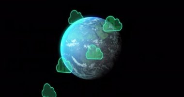 Dünyanın her yerinde bulut simgeleri ve veri işleme animasyonları. Küresel bağlantılar, dijital arayüz, veri işleme ve bulut hesaplama kavramı dijital olarak oluşturulmuş video.