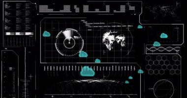 Bulut simgeleri ve veri işleme animasyonları. Küresel bağlantılar, dijital arayüz, veri işleme ve bulut hesaplama kavramı dijital olarak oluşturulmuş video.