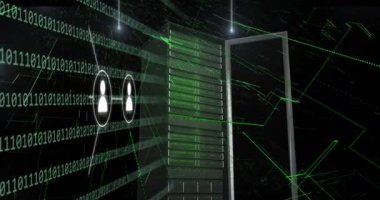Sunucu ve ikili kodlama üzerinde ortam simgeleri ve noktaların canlandırılması. Küresel iş ve dijital arayüz kavramı dijital olarak oluşturulmuş video.