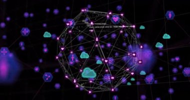 Dünyanın her yerinde bulut simgeleri ve veri işleme animasyonları. Küresel bağlantılar, dijital arayüz, veri işleme ve bulut hesaplama kavramı dijital olarak oluşturulmuş video.