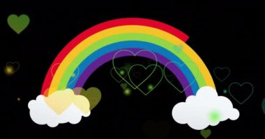 Gökkuşağı arka planında bulutların ve kalplerin animasyonu. Gurur ayı, lgbtq, insan hakları ve eşitlik kavramı dijital olarak oluşturulmuş video.