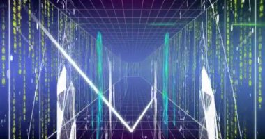 Bağlantı ağı üzerinden ikili kodlama ve veri işleme animasyonu. Küresel bağlantılar, dijital arayüz, veri işleme ve bulut hesaplama kavramı dijital olarak oluşturulmuş video.