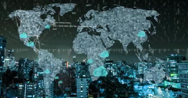 Animación Iconos Nube Procesamiento Datos Través Del Mapa Mundial Conexiones — Vídeos de Stock
